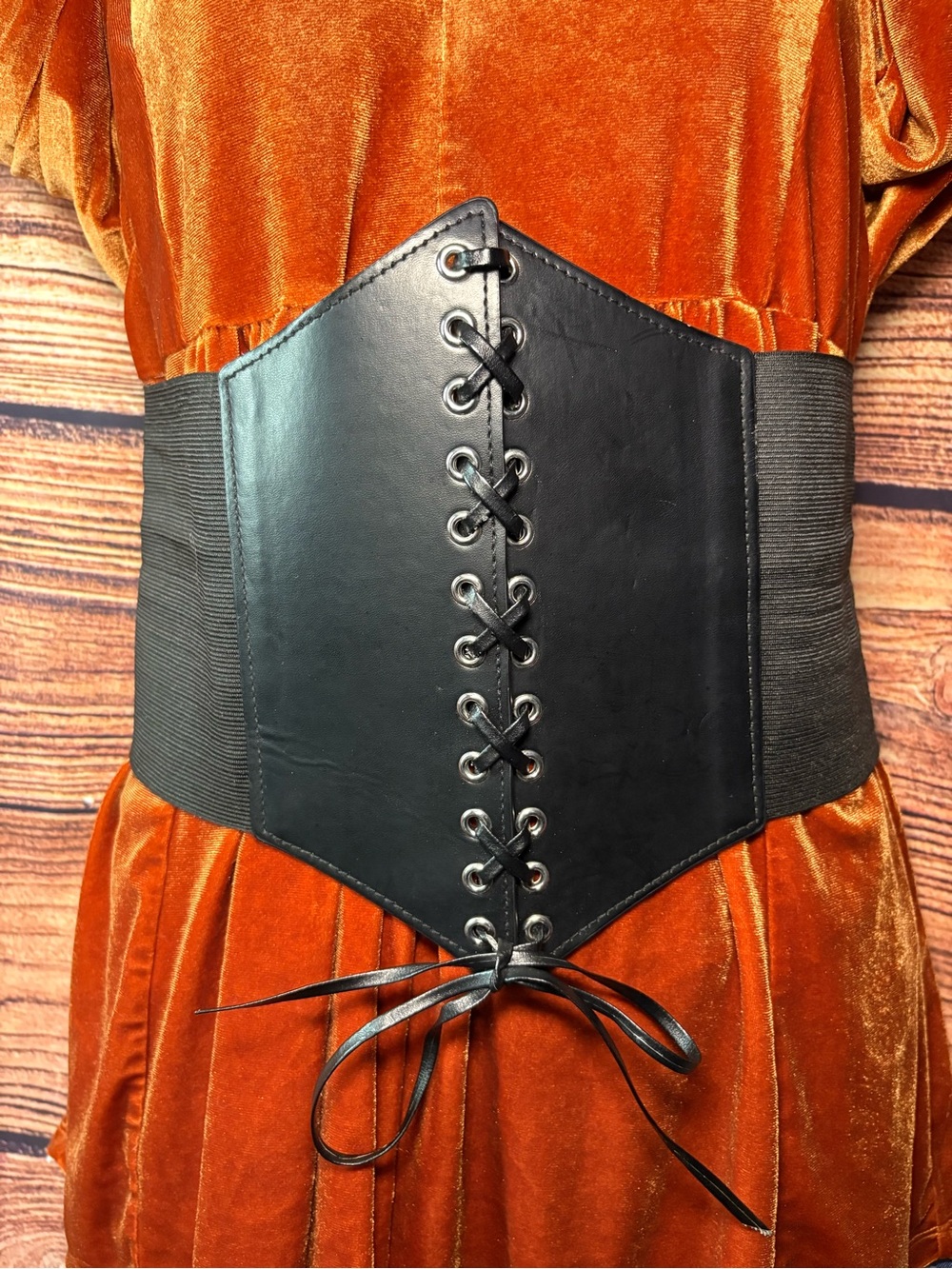 Black Lace-Up Faux Leather Elastic Corset Waist Belt - Women Accessories